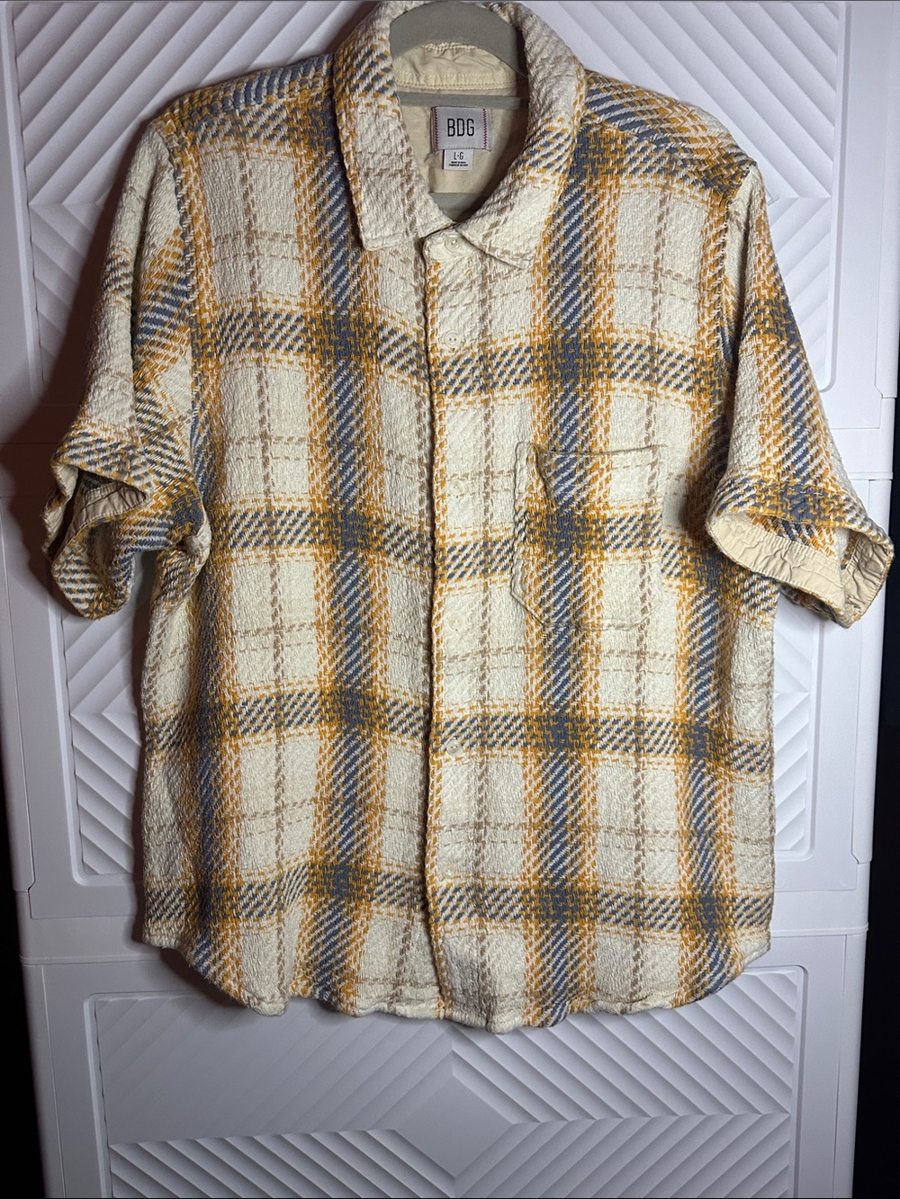 BDG Cream Plaid Short-Sleeve Button-Down with Yellow and Blue Checks